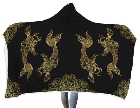 Pisces Zodiac Hooded Blanket, Hooded PiscesThrow, Golden Color Fish Lover Blanket, Vivid Pattern Blanket, Teen Girls Adult Hooded Blanket