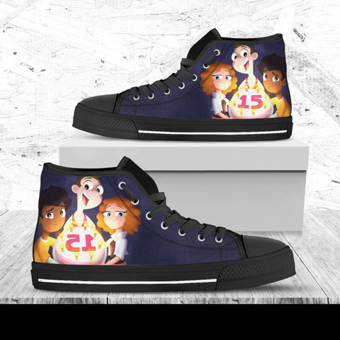 Milo Murphy's Law Hi Tops, Cartoon Shoes, Disney Custom Shoes, Disney Movie Hi Tops, Milo Murphy Hightops, Walt Disney Animation Film